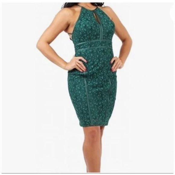 XSCAPE Emerald Green Lace Halter Cocktail Dress Keyhole Women Size 2 - Picture 1 of 10
